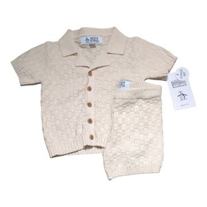 NWT Original Penguin Baby Collared Button Shirt And Shorts Set Cream Knit 18m